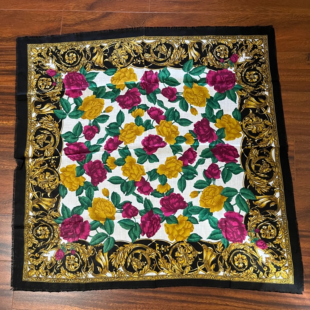 Vintage floral baroque square scarf, made in Japan, black yellow raspberry
